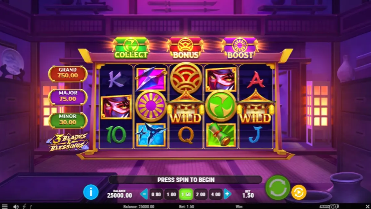Tampilan visual slot 3 Blades & Blessing dengan tema ninja dan latar belakang Jepang